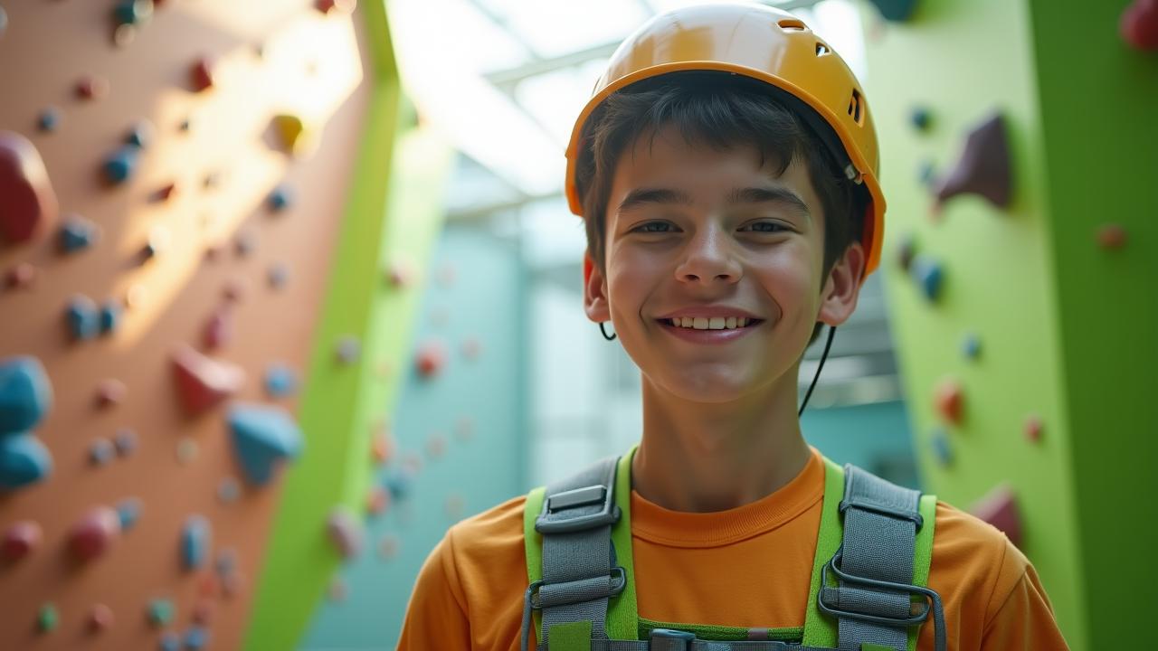 Beginnende klimmer met een veiligheidsgordel in een klimhal