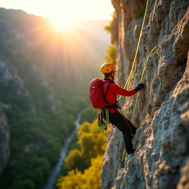 Een klimmer gebruikt een eco-vriendelijk touw op een zonnige rotswand