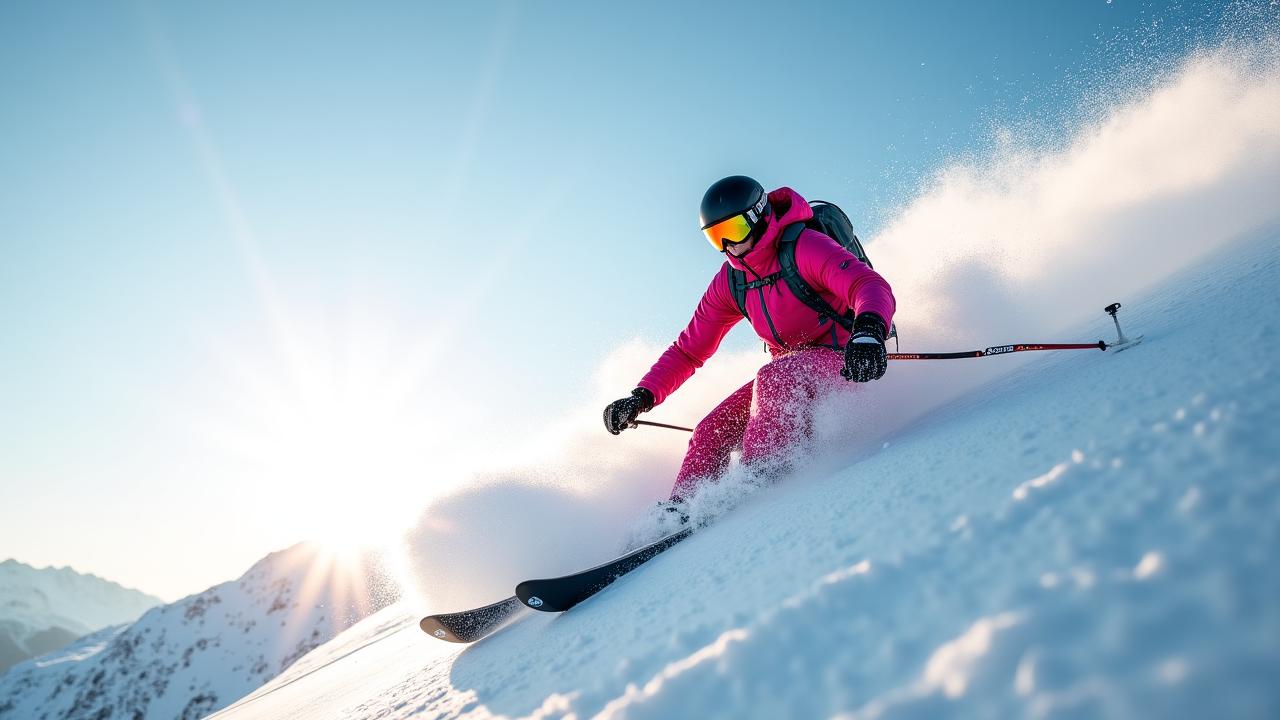 Backcountry skiër in diepe poedersneeu met veiligheidsuitrusting