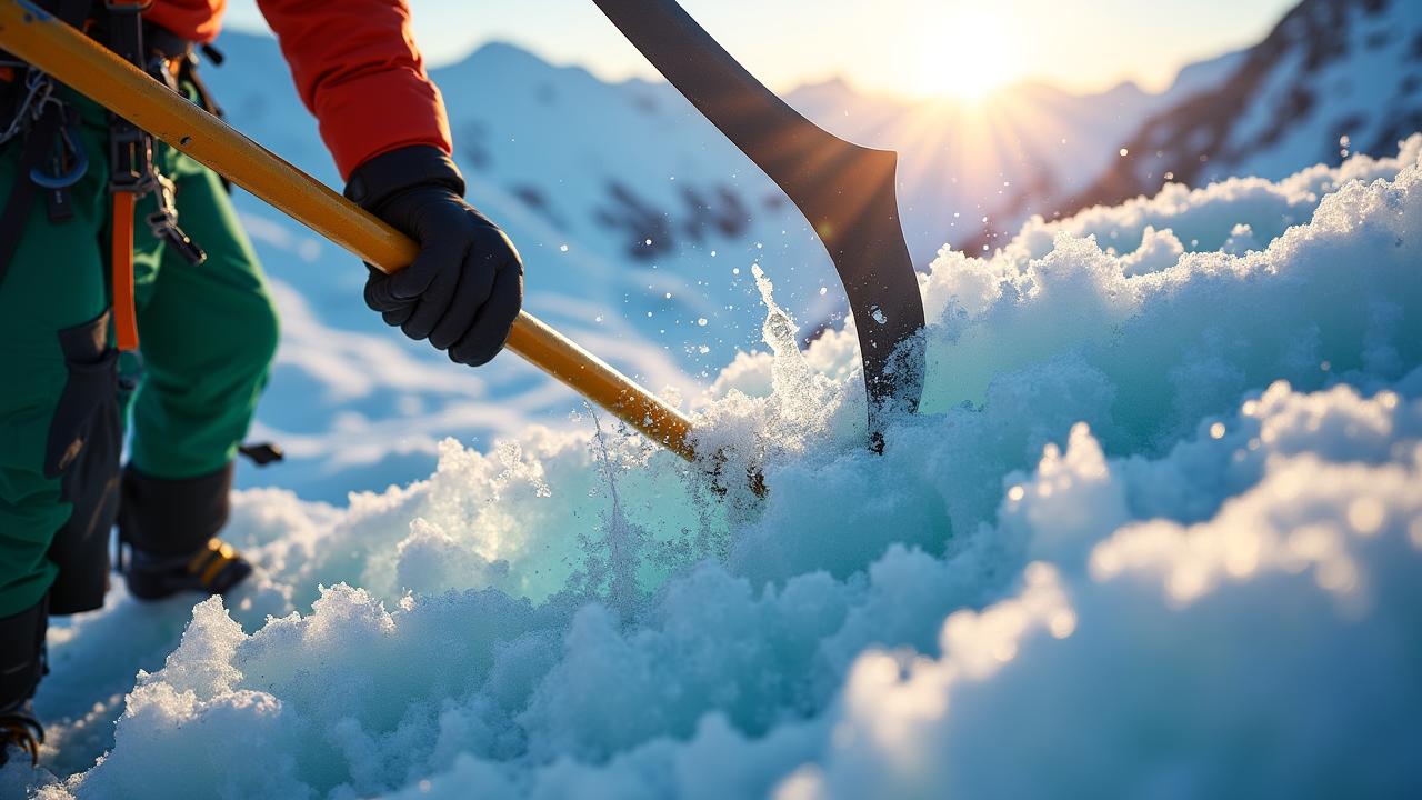 Alpinist klimt een bevroren waterval met ijsbijlen